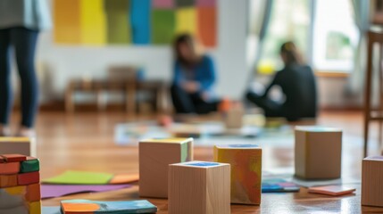 Aufkleber - A therapeutic art therapy studio with clients using blocks for expressive art sessions, Blocks arranged for therapeutic expression, Expressive therapy style