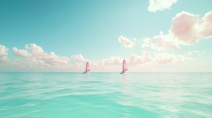 Canvas Print - Two windsurfers on a tranquil turquoise ocean under a pastel sky.