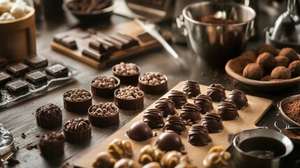 Poster - A thoughtfully arranged gourmet chocolate making studio, Ingredients and molds prepared for artisanal confectionery, Culinary delight style