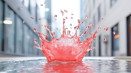 Poster - Vibrant Red Water Splash Against Urban Background in Bright City Environment