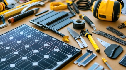 Aufkleber - A thoughtfully organized DIY solar energy workshop, Solar panels and renewable energy tools for sustainable projects, Green technology style