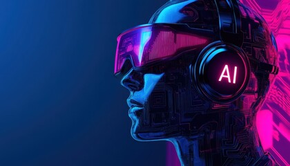 Poster - Futuristic AI Robot Wearing Headset and Goggles