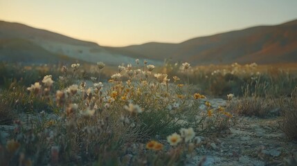 Wall Mural - Sunset wildflowers in a mountainous landscape.