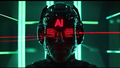Aufkleber - Futuristic Man Wearing AI Enhanced Helmet With Lasers
