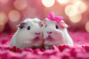 Two adorable guinea pigs posing on pink background with bokeh