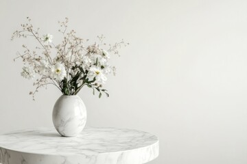 Poster - Elegant white flowers in a marble vase on a round table against a minimalist backdrop