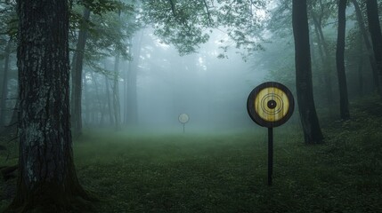 Aufkleber - A tranquil archery range amidst a misty forest clearing, Archery targets set against fog-shrouded trees, Enchanted forest style