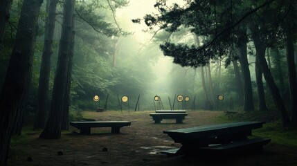 Aufkleber - A tranquil archery range amidst a misty forest clearing, Archery targets set against fog-shrouded trees, Enchanted forest style