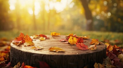 Poster - Autumn leaves on wooden tree stump in park.