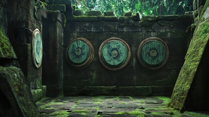 Poster - A tranquil archery range amidst ancient ruins and moss-covered stones, Archery targets set against weathered stone arches and ancient symbols, Ancient ruins tranquility style