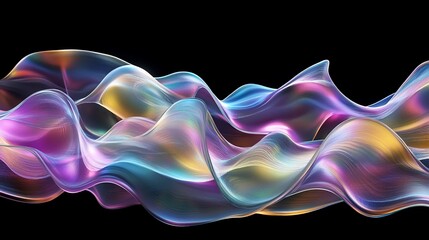 Wall Mural - abstract iridescent waves flowing on black background.