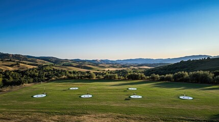 Poster - A tranquil archery range set amidst rolling hills, Archery targets set against a panoramic countryside, Serene outdoor style