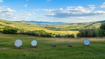 Poster - A tranquil archery range set amidst rolling hills, Archery targets set against a panoramic countryside, Serene outdoor style