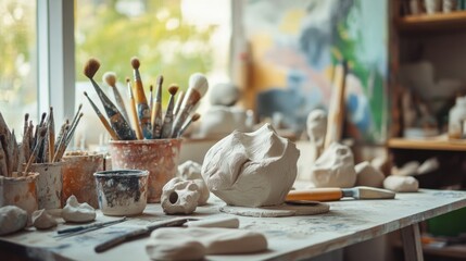 Poster - A tranquil artist's studio with sculpting tools, Clay sculptures in progress, Artistic studio style