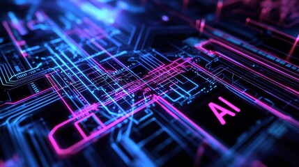 Poster - Abstract Neon Circuit Board Design Showing Ai