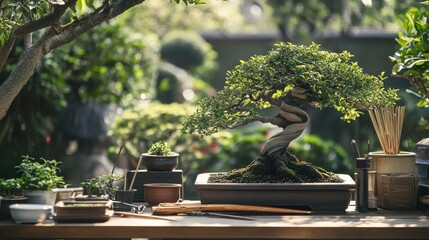 Poster - A tranquil bonsai garden with pruning tools and meticulously groomed bonsai trees, Bonsai artist's corner amidst serene Japanese garden settings, Zen gardening style