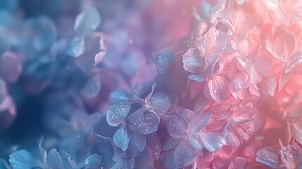 Wall Mural - Dreamy pastel blue and pink hydrangea blossoms with water droplets.