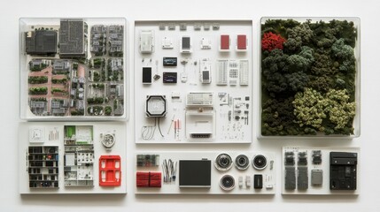 Poster - A visually organized collection of electronic components and greenery, showcasing a blend of technology and nature.