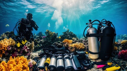 Poster - A tranquil diving setup amidst a colorful coral reef backdrop, Diving equipment arranged in meticulous order, Underwater adventure style