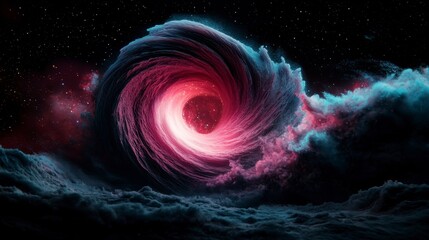 Poster - Cosmic Vortex in a Starry Sky with Pink and Blue Nebula Clouds Surrounding Darkness
