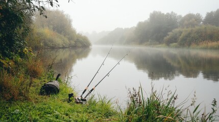 Poster - A tranquil fishing setup along a quiet riverbank, Fishing rods and tackle elegantly positioned, Naturalistic photographic style