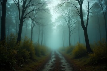  Wildlife tracks leading into a mist covered forest trail