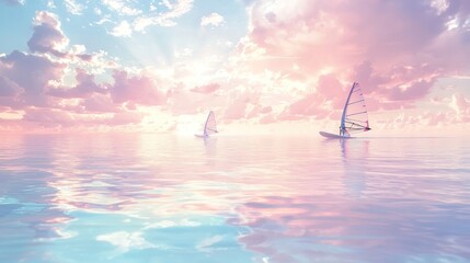 Canvas Print - Two sailboats glide on calm, pastel ocean at sunset.