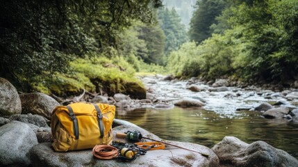 Poster - A tranquil fishing spot by a mountain stream, Fishing gear neatly laid out on rocks, Nature-inspired rustic style