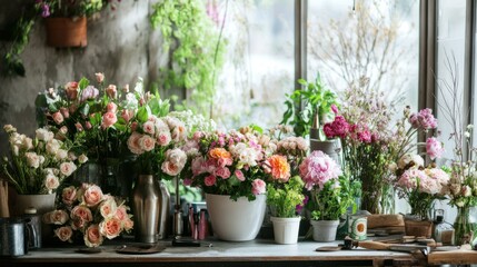 Poster - A tranquil floral arrangement studio with florist tools and fresh flowers, Floral arrangement tools arranged on a design table, Botanical studio style