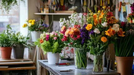 Poster - A tranquil floral arrangement studio with florist tools and fresh flowers, Floral arrangement tools arranged on a floral design table, Botanical studio style