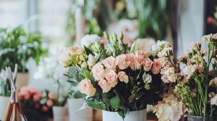 Poster - A tranquil floral arrangement studio with florist tools and fresh flowers, Floral arrangement tools arranged on a floral design table, Botanical studio style