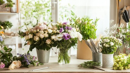 Poster - A tranquil floral arrangement studio with florist tools and fresh flowers, Floral arrangement tools arranged on a design table, Botanical studio style