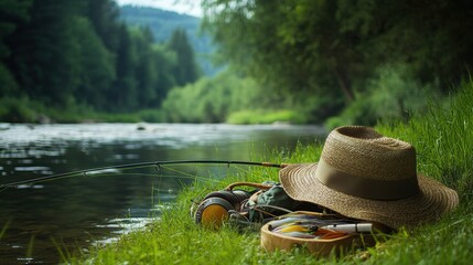 Poster - A tranquil fly fishing spot by a pristine riverbank with fishing gear, Fly rods and reels amidst peaceful waters and lush greenery, Naturalistic fishing style