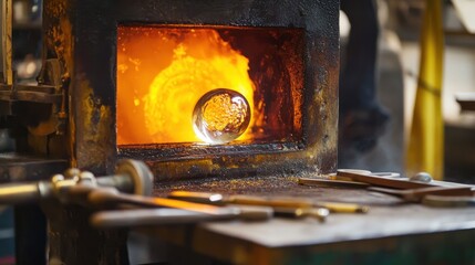 Poster - A tranquil glassblowing studio with glass tools and furnaces, Glassblowing tools arranged around a hot glass furnace, Artisanal workshop style