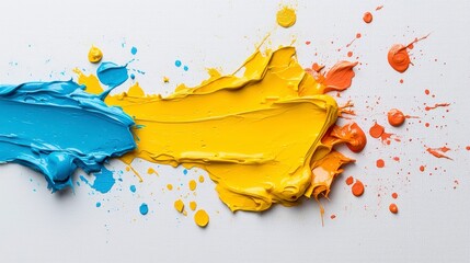 Poster - Vibrant Blue and Yellow Paint Stroke with Splashes on White Canvas Background