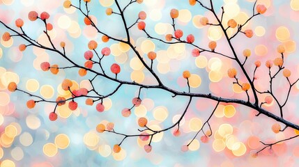Poster - Autumn Branch with Colorful Bokeh Background in Soft Focus and Bright Pastel Tones