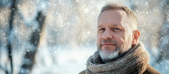 Poster - portrait of a mature man with a beard in a snowy forest setting conveying tranquility with space for