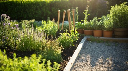 Poster - A tranquil herb garden with gardening tools and aromatic herbs, Gardening tools arranged in a sunlit garden bed, Botanical garden style
