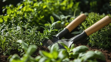 Poster - A tranquil herb garden with gardening tools and aromatic herbs, Gardening tools arranged in a sunlit garden bed, Botanical garden style