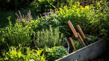 Poster - A tranquil herb garden with gardening tools and aromatic herbs, Gardening tools arranged in a sunlit garden bed, Botanical garden style