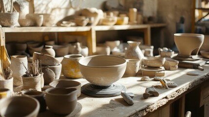 Aufkleber - A tranquil pottery studio with pottery wheels and ceramic tools, Pottery tools arranged around workstations, Artisanal workshop style