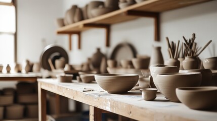 Poster - A tranquil pottery studio with pottery wheels and clay sculptures, Tools arranged on wooden shelves, Artisanal workshop style