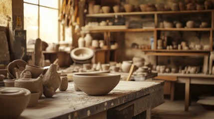 Poster - A tranquil pottery studio with pottery wheels and clay tools, Artisan ceramic creation style, photo of
