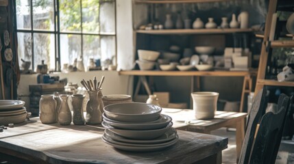 Aufkleber - A tranquil pottery studio with pottery wheels and tools, Artistic ceramics in various stages of glazing, Contemporary artisan style