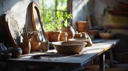 Poster - A tranquil pottery studio with wheel and clay tools, Ceramic art creation style, photo of