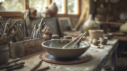 Poster - A tranquil pottery studio with wheel and clay tools, Ceramic art creation style, photo of