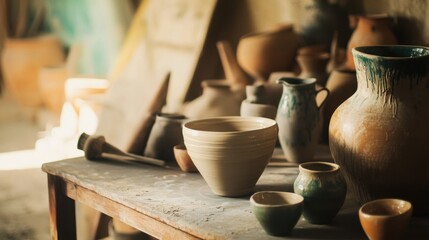 Poster - A tranquil pottery studio with wheel and clay tools, Ceramic art creation style, photo of