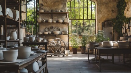 Poster - A tranquil pottery workshop with pottery wheels and kilns, Pottery tools arranged in a spacious workshop, Industrial workshop style