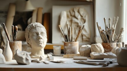 Aufkleber - A tranquil sculpting studio with clay and sculpting tools, Sculpting tools arranged around a sculptor's workbench, Contemporary studio style