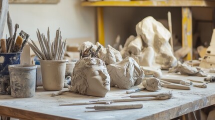 Aufkleber - A tranquil sculpting studio with clay and sculpting tools, Sculpting tools arranged around a sculptor's workbench, Contemporary studio style
